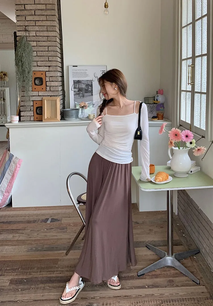 [Korean Style] 3 Colors Elastic Waisted A-line Maxi Skirt