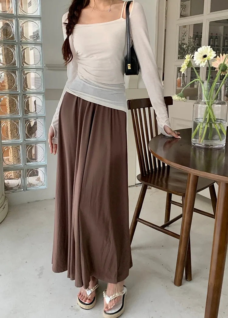 [Korean Style] 3 Colors Elastic Waisted A-line Maxi Skirt