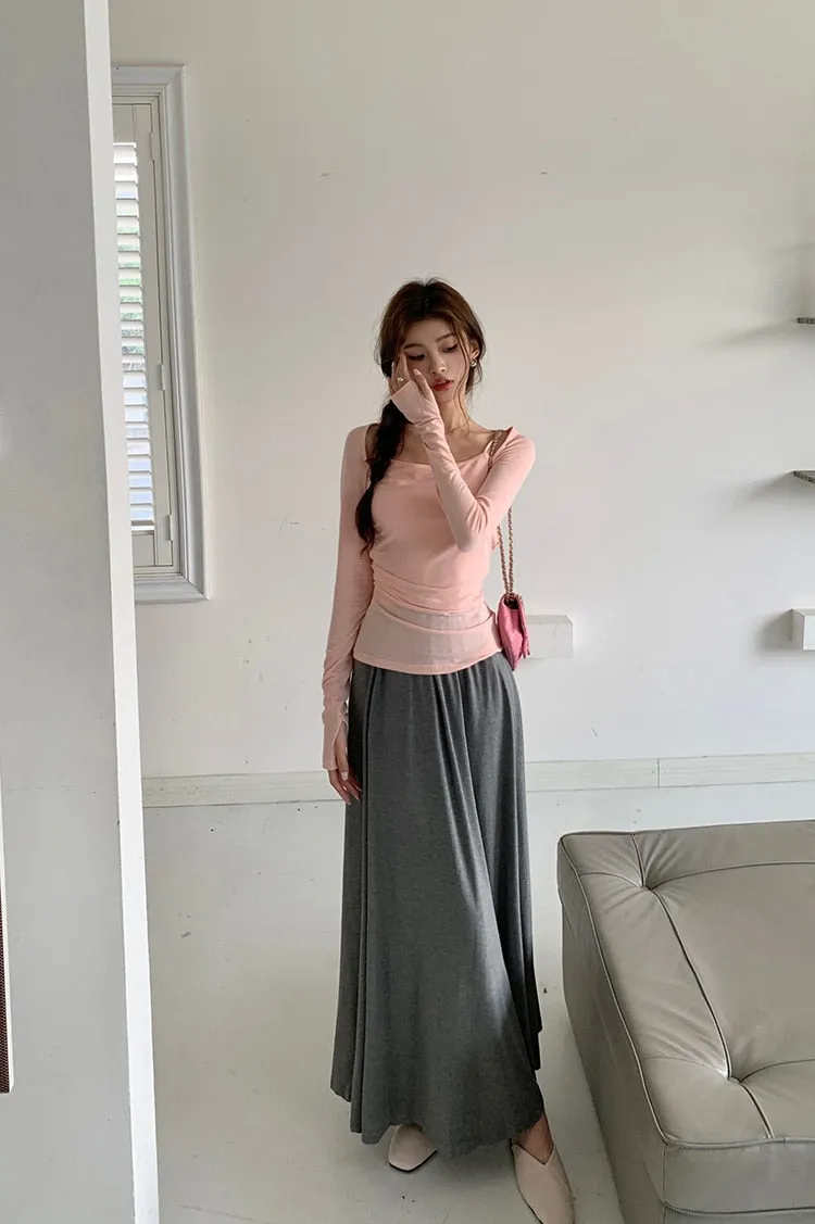 [Korean Style] 3 Colors Elastic Waisted A-line Maxi Skirt