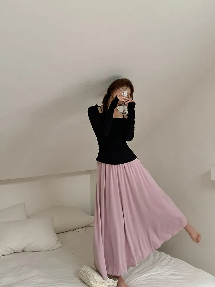 [Korean Style] 3 Colors Elastic Waisted A-line Maxi Skirt