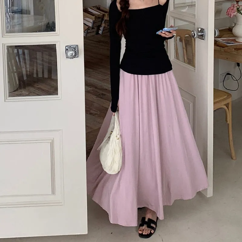 [Korean Style] 3 Colors Elastic Waisted A-line Maxi Skirt