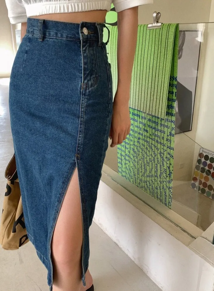 [Korean Style] Asymmetrical High Waist Denim Midi Pencil Skirt w/ Slit