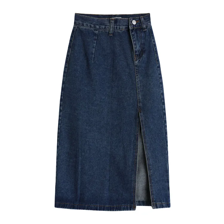 [Korean Style] Asymmetrical High Waist Denim Midi Pencil Skirt w/ Slit