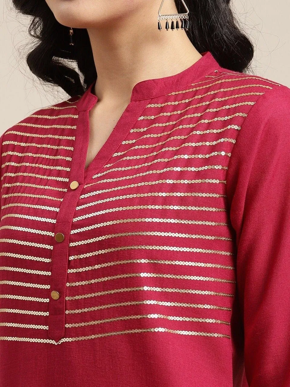 Ksut Magenta Ethnic Motifs Yoke Design Regular Sequinned Kurta With Trousers With Dupatta