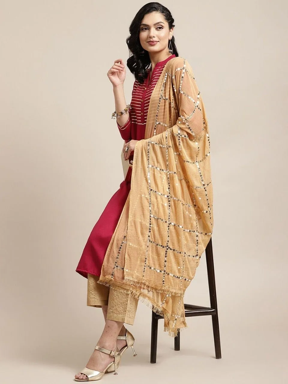 Ksut Magenta Ethnic Motifs Yoke Design Regular Sequinned Kurta With Trousers With Dupatta