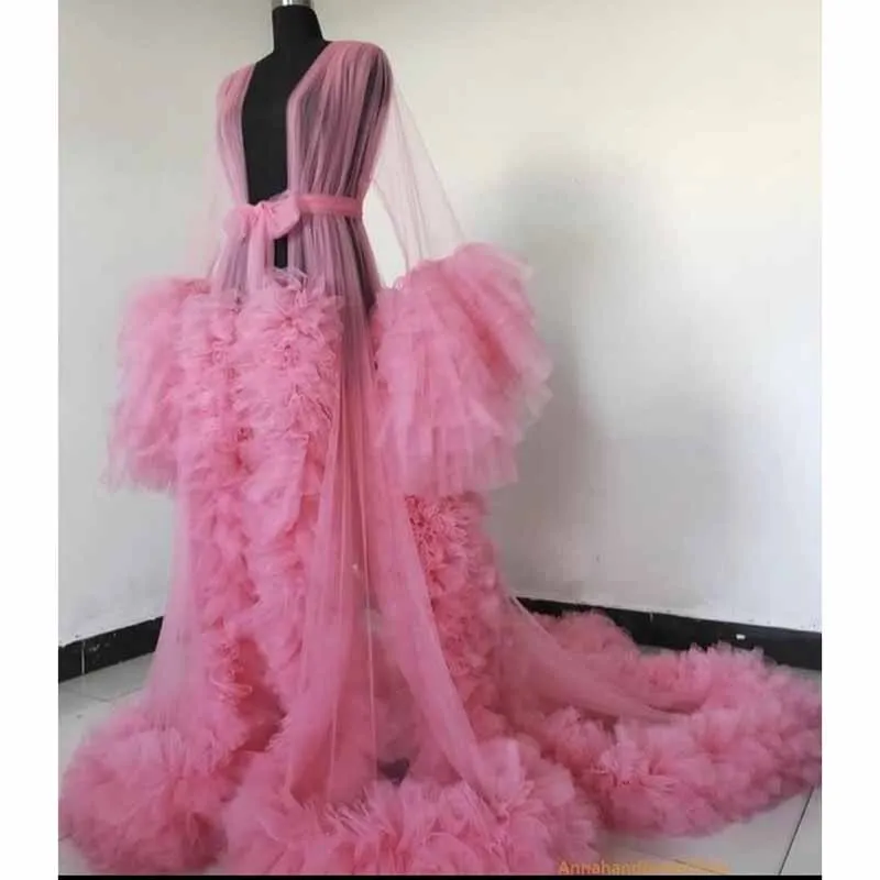 Ladies Dressing Gown Perspective Sheer Long Robe Puffy Tulle Robe Sheer Photo-shoot Maternity dresses