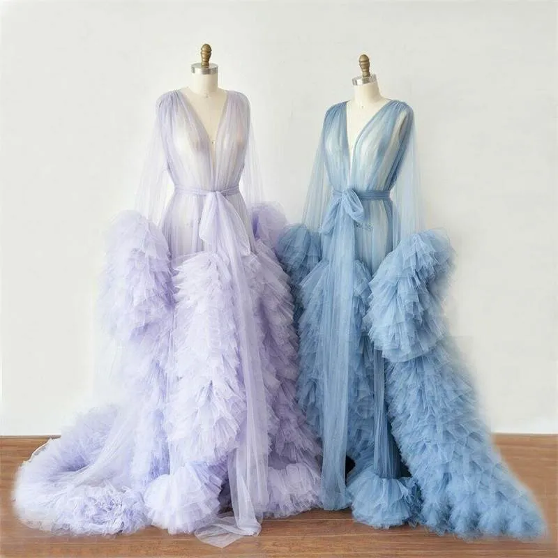 Ladies Dressing Gown Perspective Sheer Long Robe Puffy Tulle Robe Sheer Photo-shoot Maternity dresses