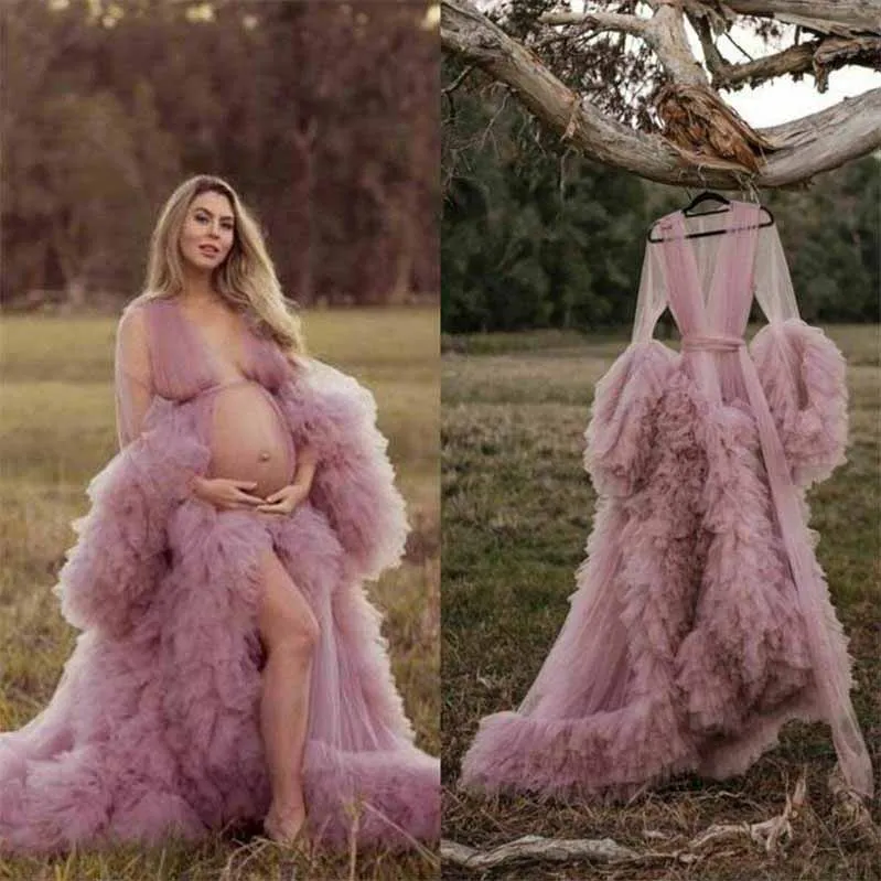 Ladies Dressing Gown Perspective Sheer Long Robe Puffy Tulle Robe Sheer Photo-shoot Maternity dresses