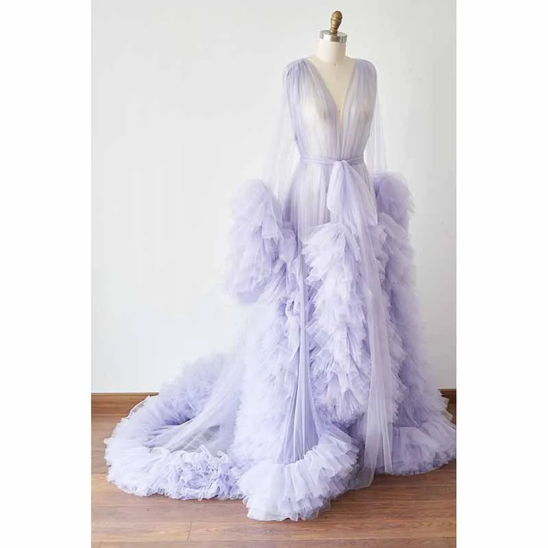 Ladies Dressing Gown Perspective Sheer Long Robe Puffy Tulle Robe Sheer Photo-shoot Maternity dresses