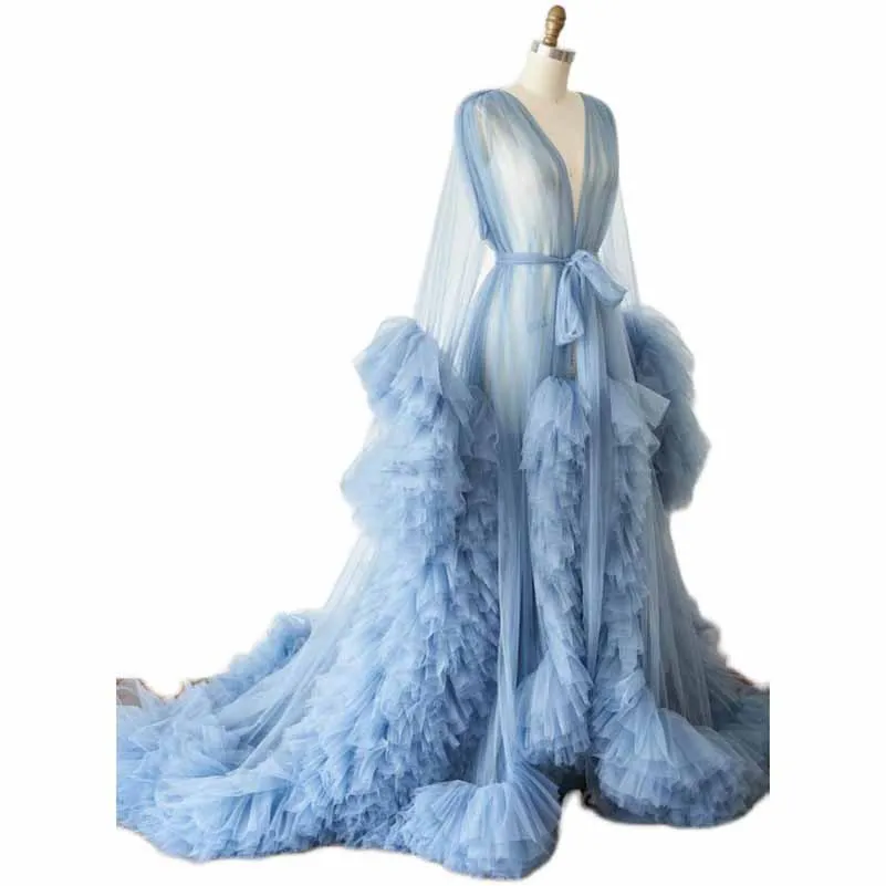 Ladies Dressing Gown Perspective Sheer Long Robe Puffy Tulle Robe Sheer Photo-shoot Maternity dresses