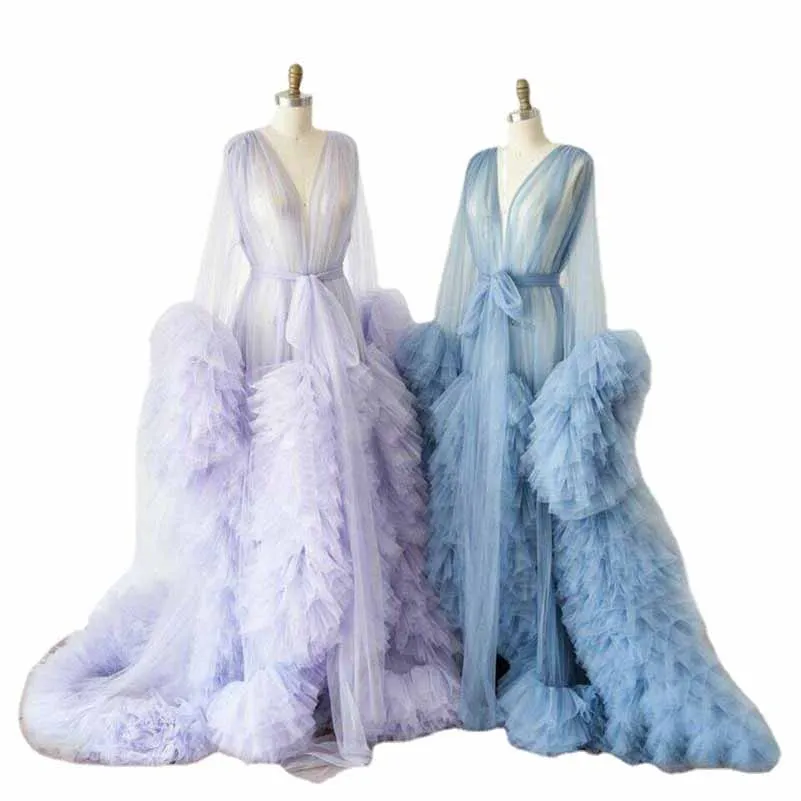 Ladies Dressing Gown Perspective Sheer Long Robe Puffy Tulle Robe Sheer Photo-shoot Maternity dresses