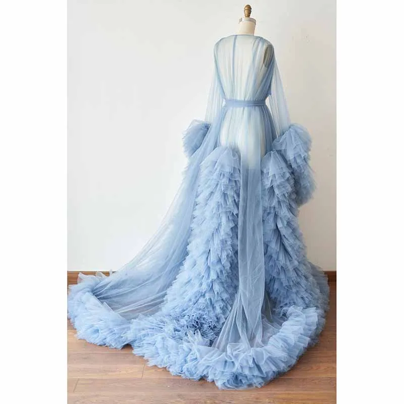 Ladies Dressing Gown Perspective Sheer Long Robe Puffy Tulle Robe Sheer Photo-shoot Maternity dresses