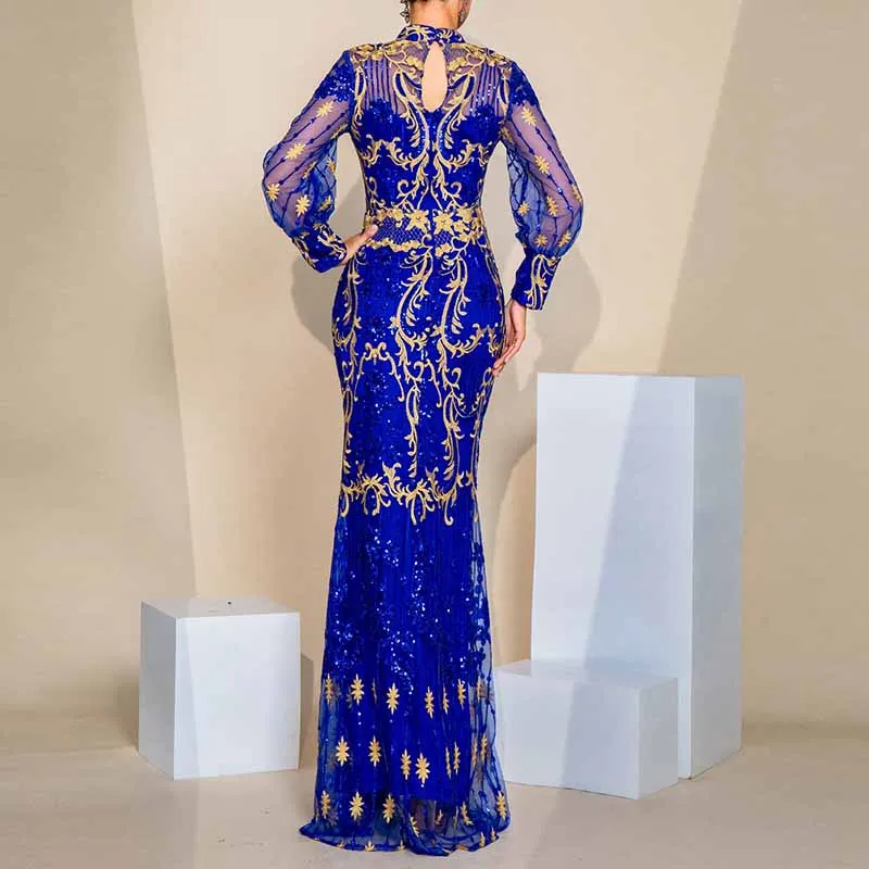 Lantern Sleeve Stand Collar Sequin Dress Royal Blue Prom Dress