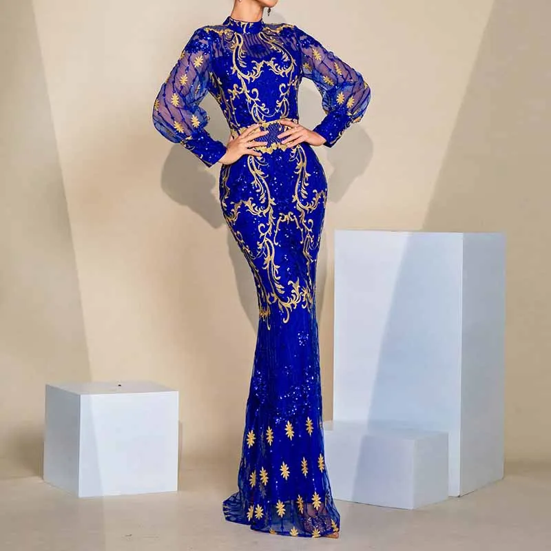 Lantern Sleeve Stand Collar Sequin Dress Royal Blue Prom Dress