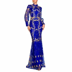 Lantern Sleeve Stand Collar Sequin Dress Royal Blue Prom Dress