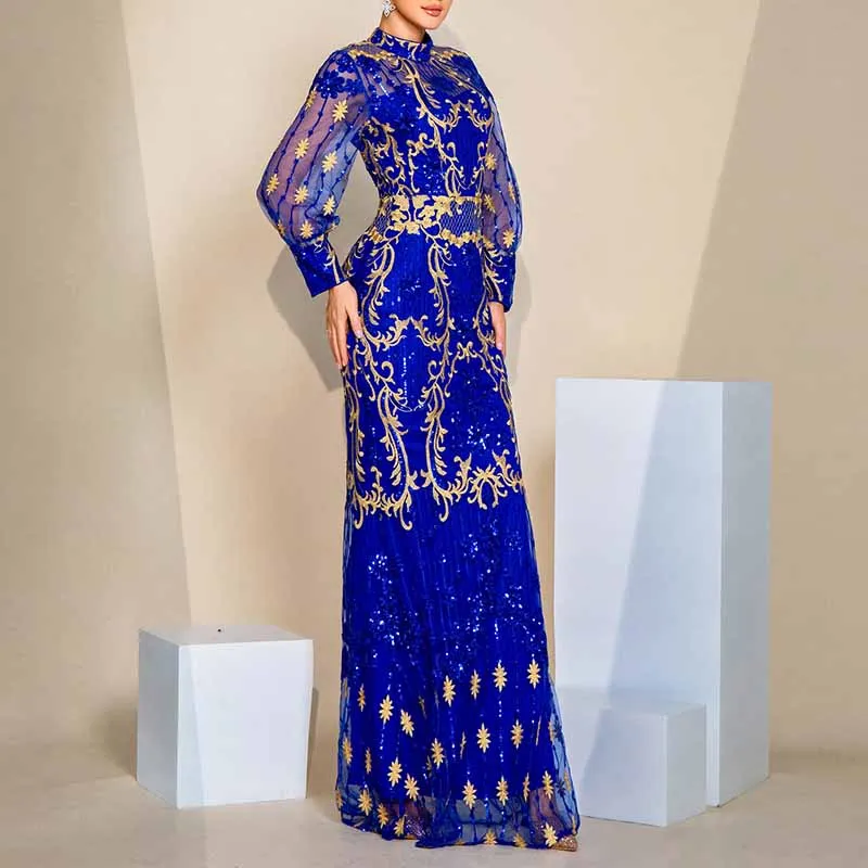 Lantern Sleeve Stand Collar Sequin Dress Royal Blue Prom Dress