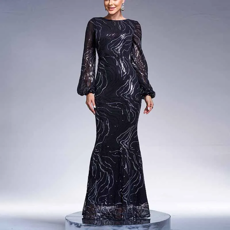 Long Sleeve Maxi Dress Black Sequin Mermaid Prom Dress