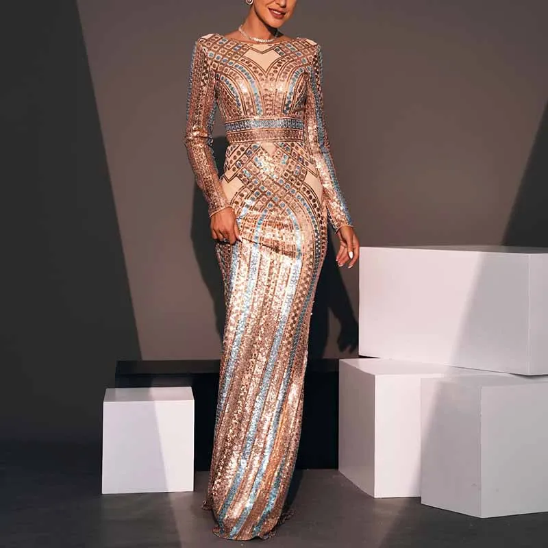 Long Sleeve Mermaid Gold Prom Dress Sequined Evening Gown Event Dress