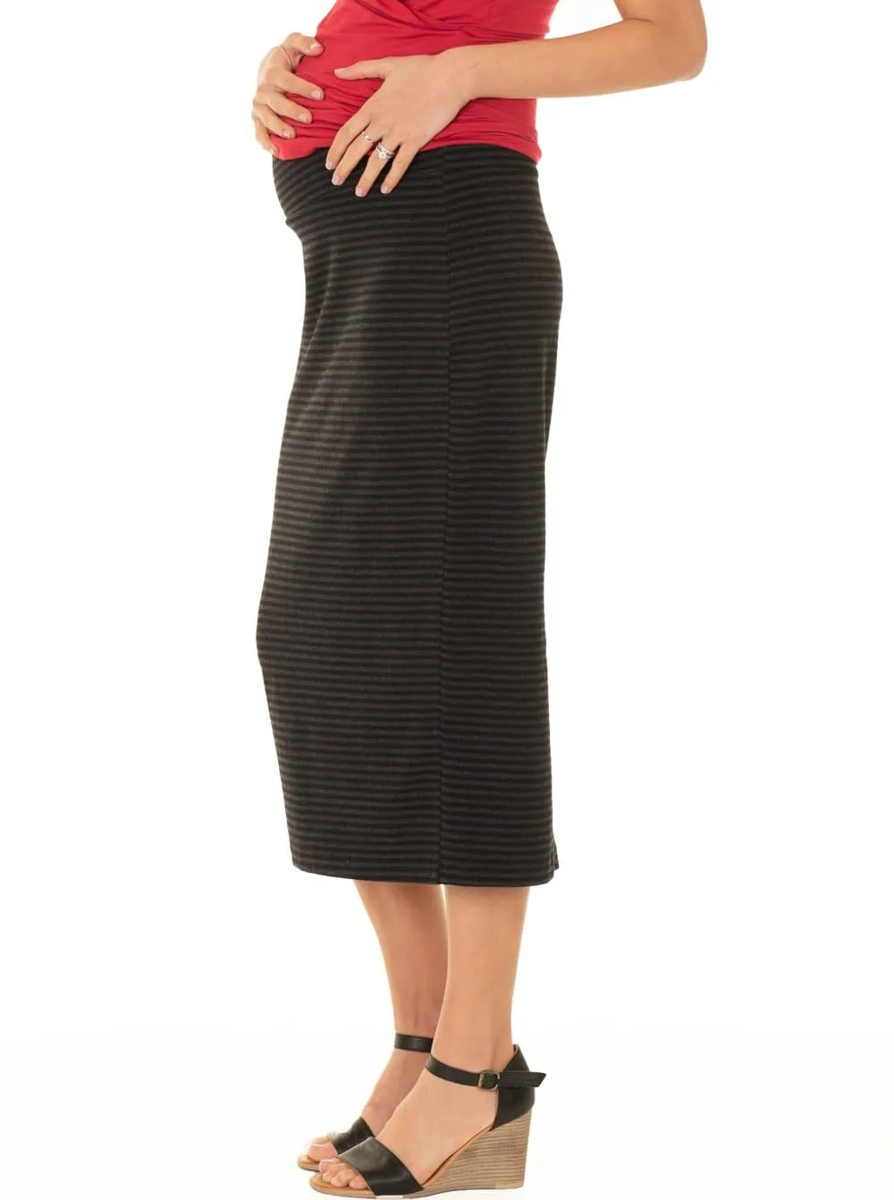 Maternity Midi Straight Cut Skirt - Black & Grey Marle Stripes