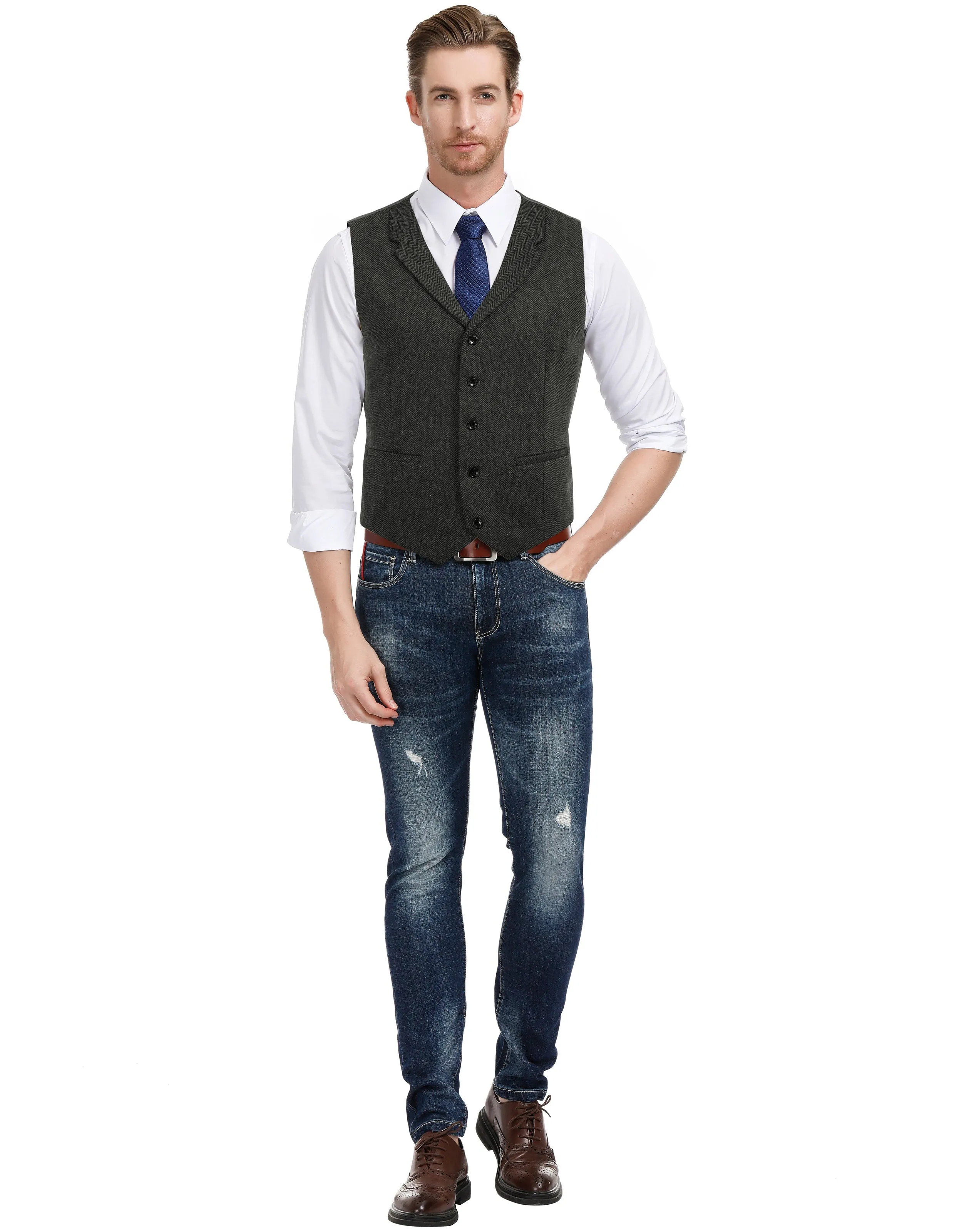 Mens Western Herringbone Suit Vest Tweed Wool Blend Slim Fit Waistcoats