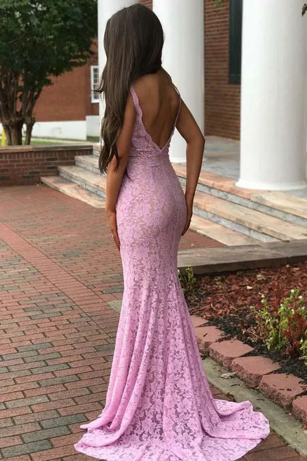 Mermaid Deep V-Neck Floor Length  Lace Prom Dresses with Beading PG450