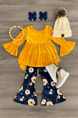 Mustard Velvet Floral Bell Bottom Set