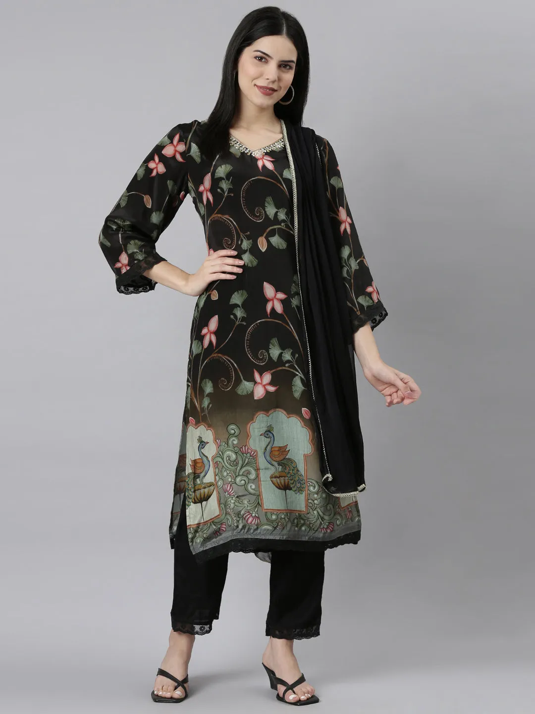 Neeru's Black Regular Straight Floral Kurta And Trousers With Dupatta