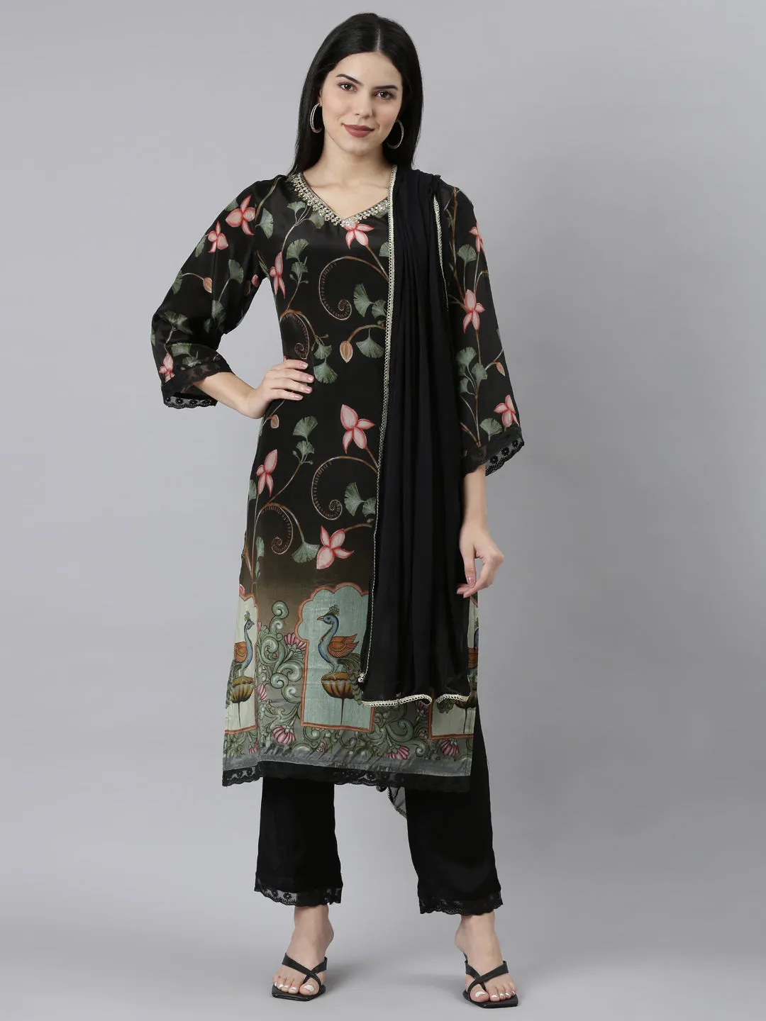 Neeru's Black Regular Straight Floral Kurta And Trousers With Dupatta