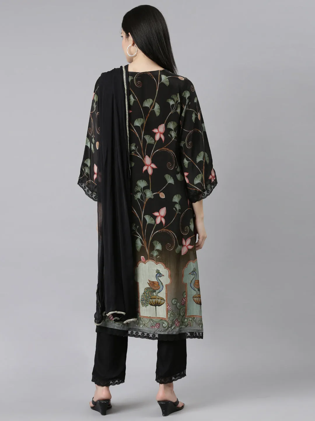 Neeru's Black Regular Straight Floral Kurta And Trousers With Dupatta