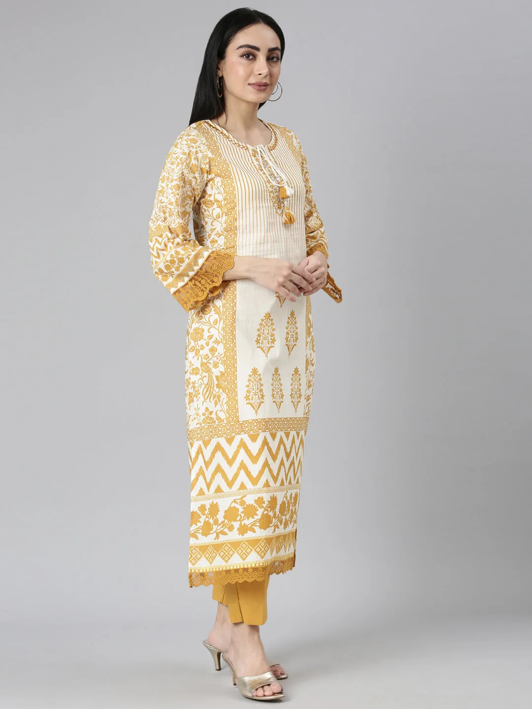 Neerus Mustard Regular Straight Printed Kurta and Trousers With Dupatta