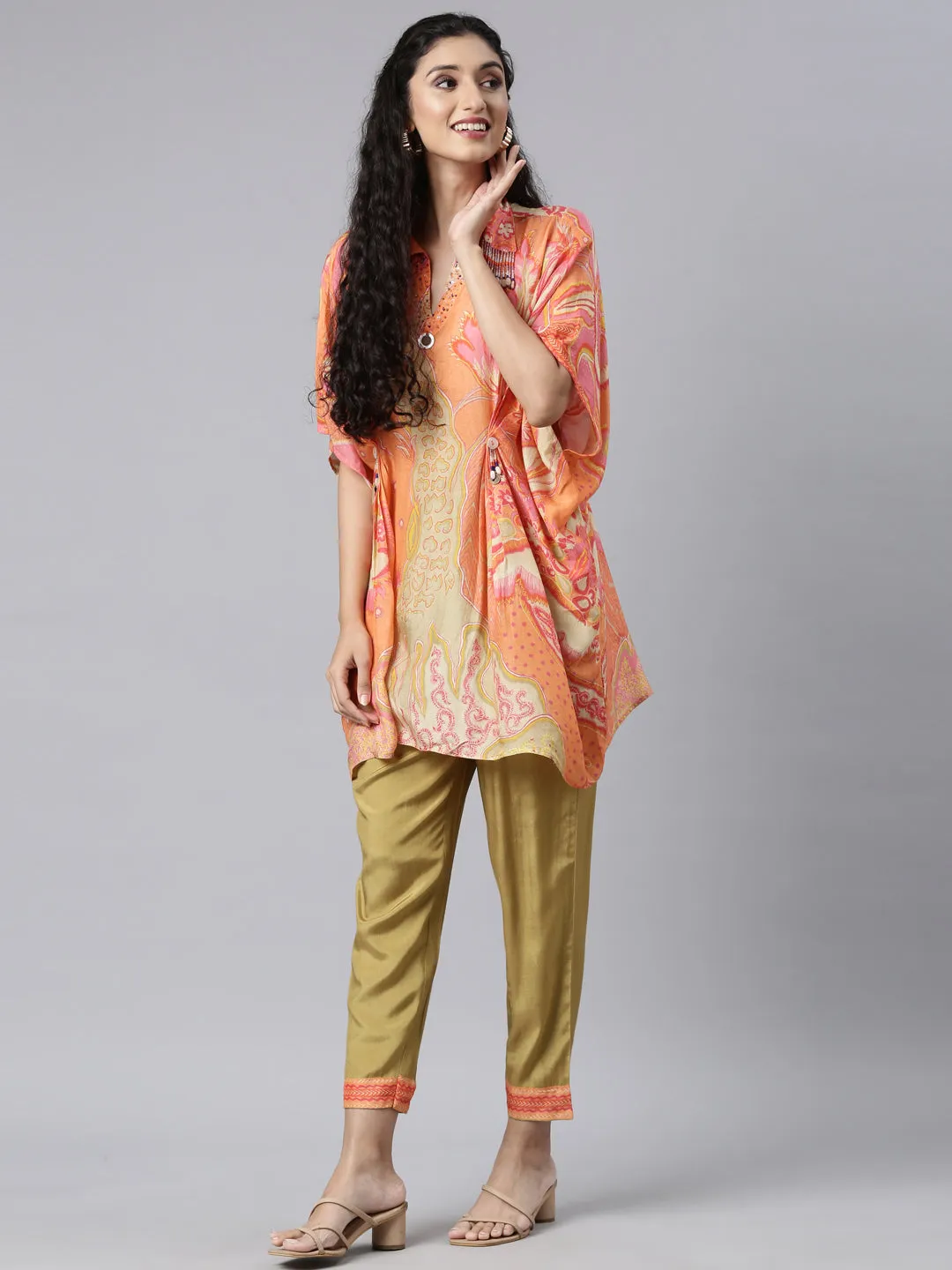 Neerus Peach Regular Straight Kurti and Trousers