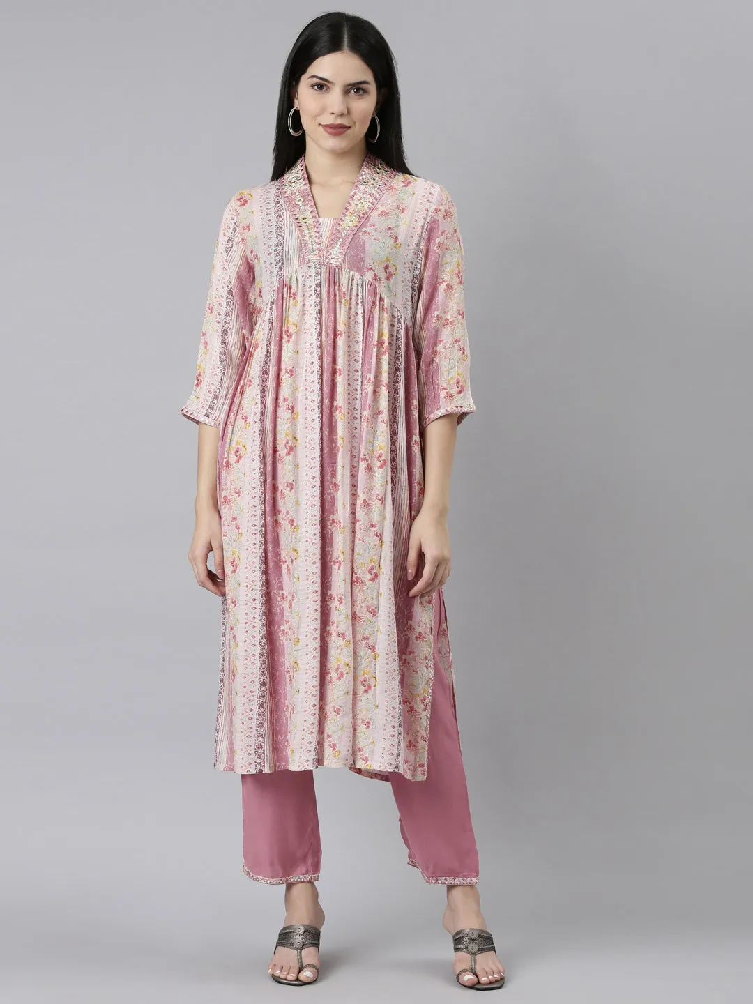 Neeru's Pink Regular Straight Floral Kurta And Trousers