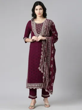 Neeru's Purple Regular Straight Solid Kurta And Trousers With Dupatta