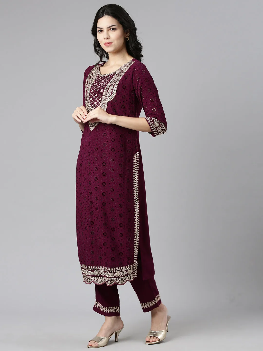 Neeru's Purple Regular Straight Solid Kurta And Trousers With Dupatta