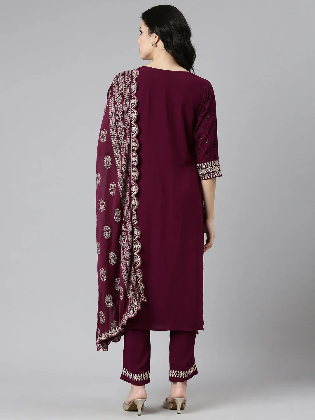 Neeru's Purple Regular Straight Solid Kurta And Trousers With Dupatta