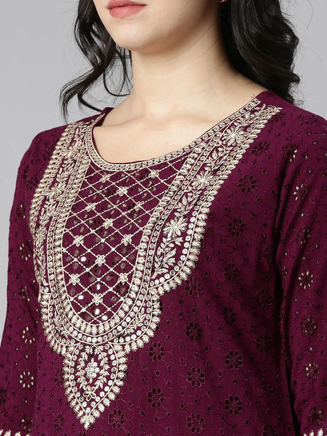 Neeru's Purple Regular Straight Solid Kurta And Trousers With Dupatta