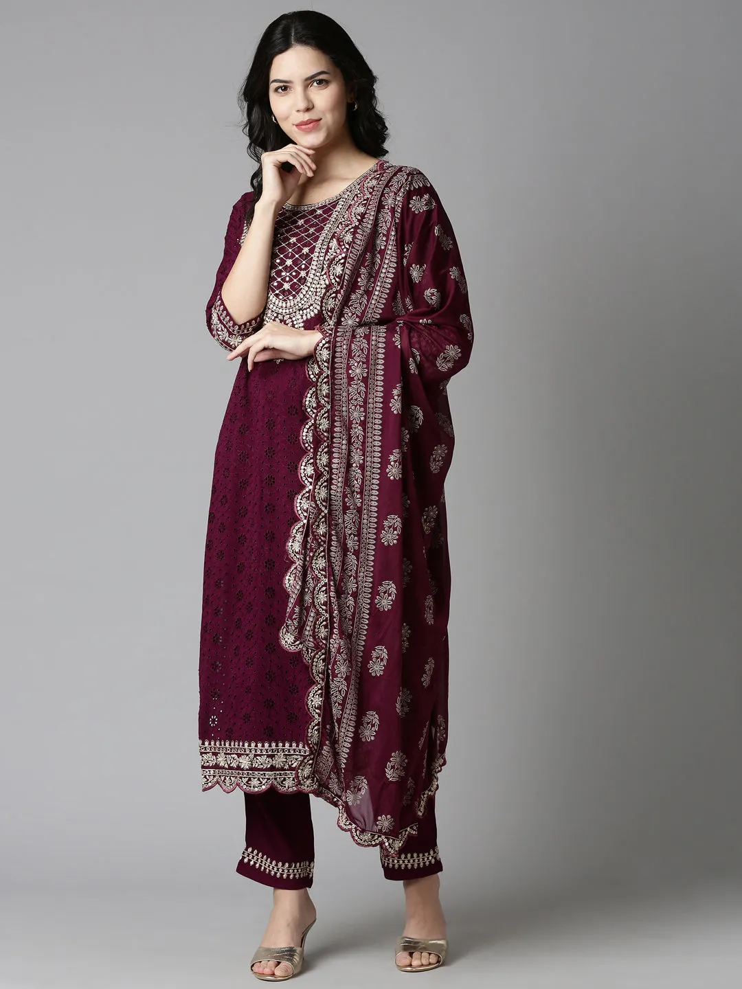 Neeru's Purple Regular Straight Solid Kurta And Trousers With Dupatta