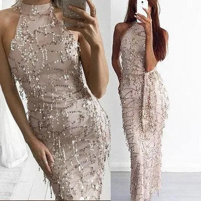 New Summer Hanging Neck Strap Sexy Tassel Sequined Maxi Dress