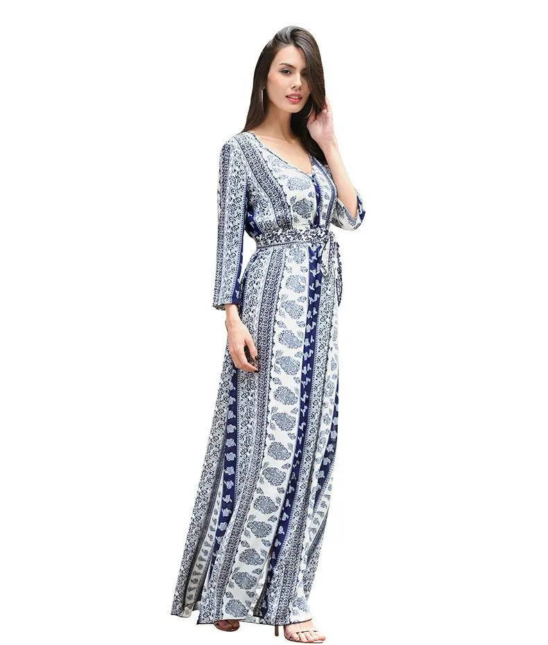 New V-Neck Print Three-Quarter Sleeve Large Swing Split Maxi Dress