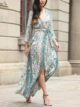 New V-Neck Print Three-Quarter Sleeve Large Swing Split Maxi Dress