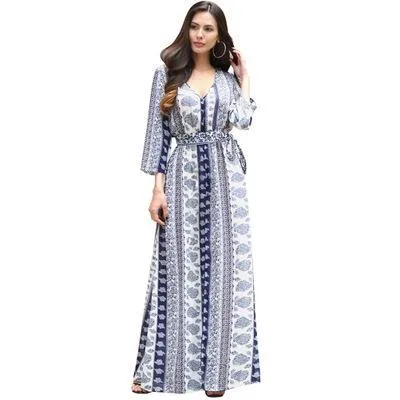 New V-Neck Print Three-Quarter Sleeve Large Swing Split Maxi Dress