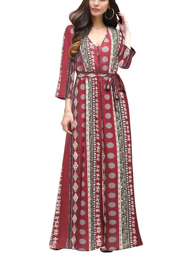 New V-Neck Print Three-Quarter Sleeve Large Swing Split Maxi Dress