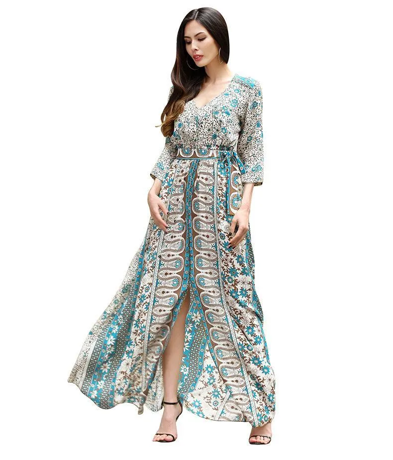 New V-Neck Print Three-Quarter Sleeve Large Swing Split Maxi Dress