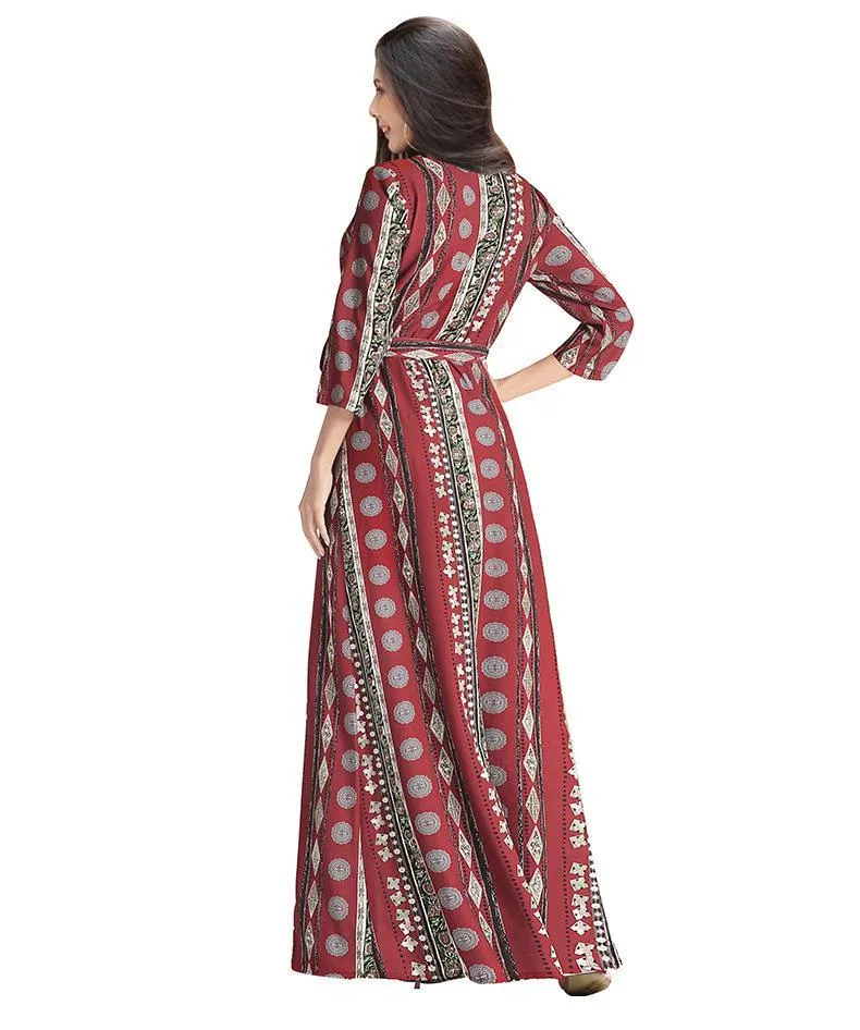 New V-Neck Print Three-Quarter Sleeve Large Swing Split Maxi Dress