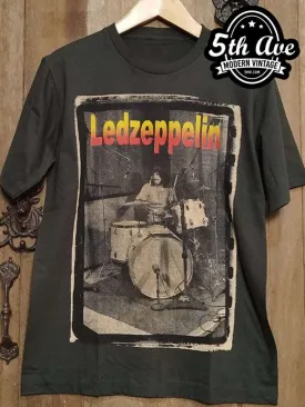 Original Drummer Tribute Led Zeppelin T-Shirt: Vibrant Yellow and Orange Text, Single Stitch, Crewneck, Super Soft Vintage Reproduction, 30-Day Satisfaction Guarantee