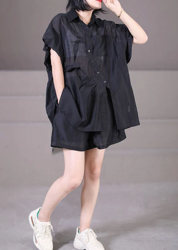 Plus Size Black Asymmetrical Design Button Silk Shirts And Shorts Two Piece Suit Set Summer