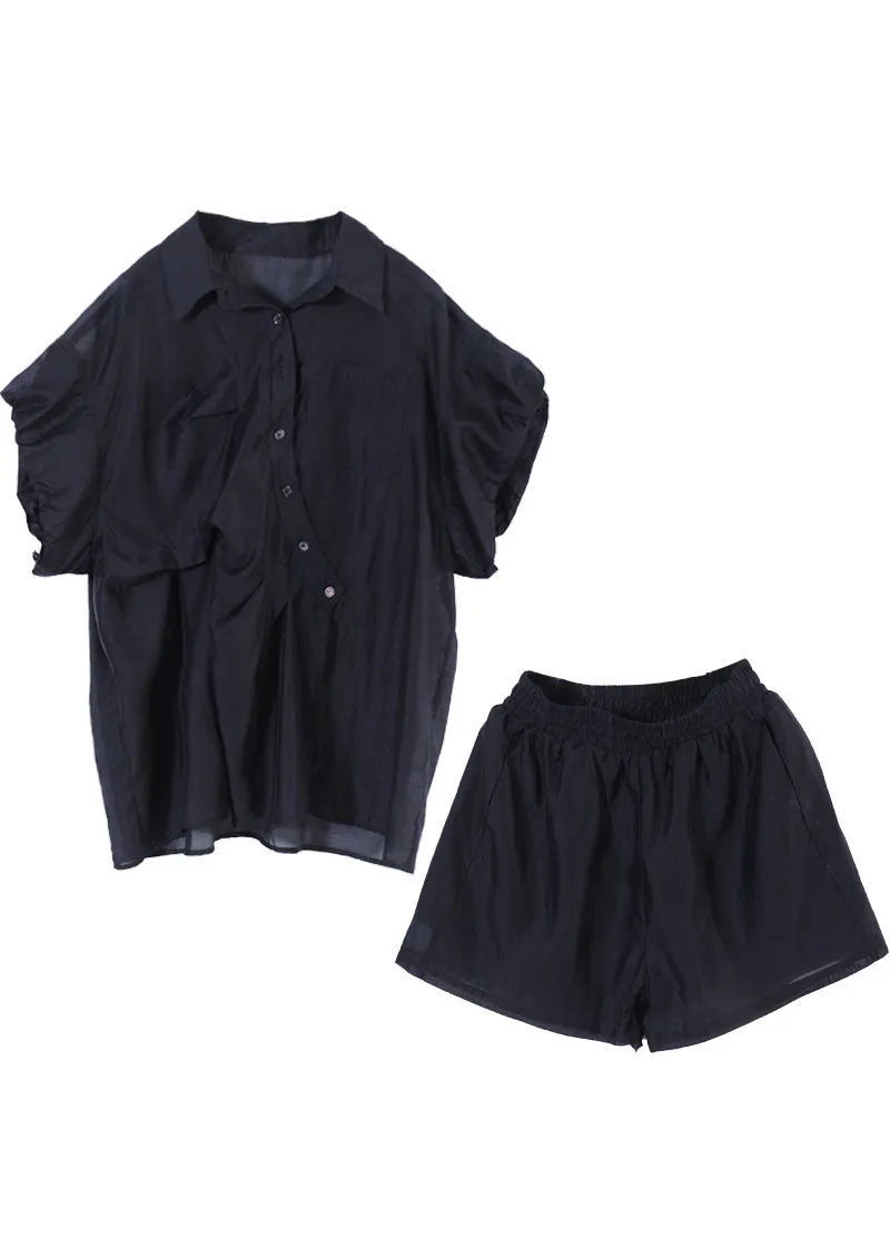 Plus Size Black Asymmetrical Design Button Silk Shirts And Shorts Two Piece Suit Set Summer