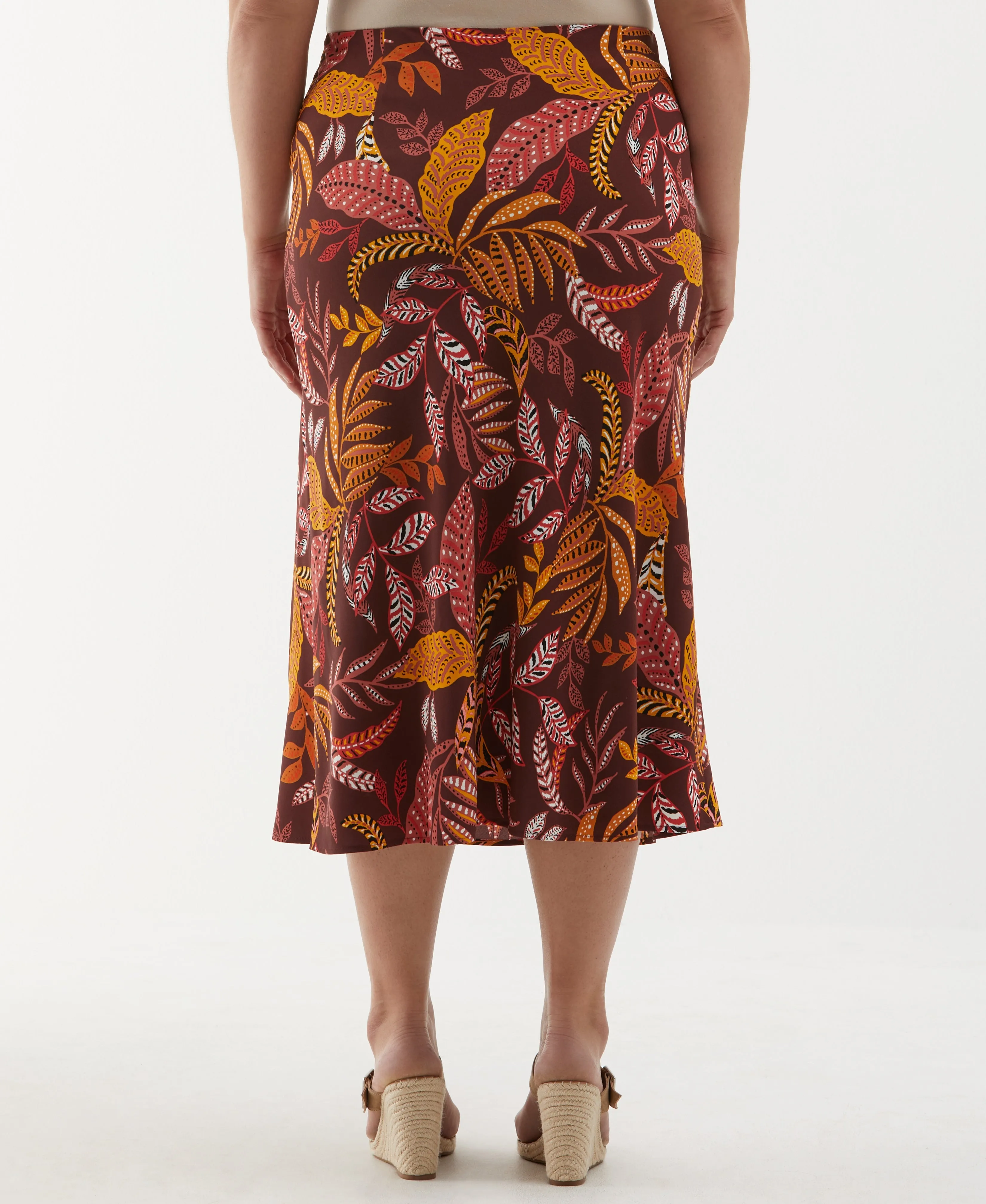 Plus Size Leaf Print Shine Midi Bias Skirt