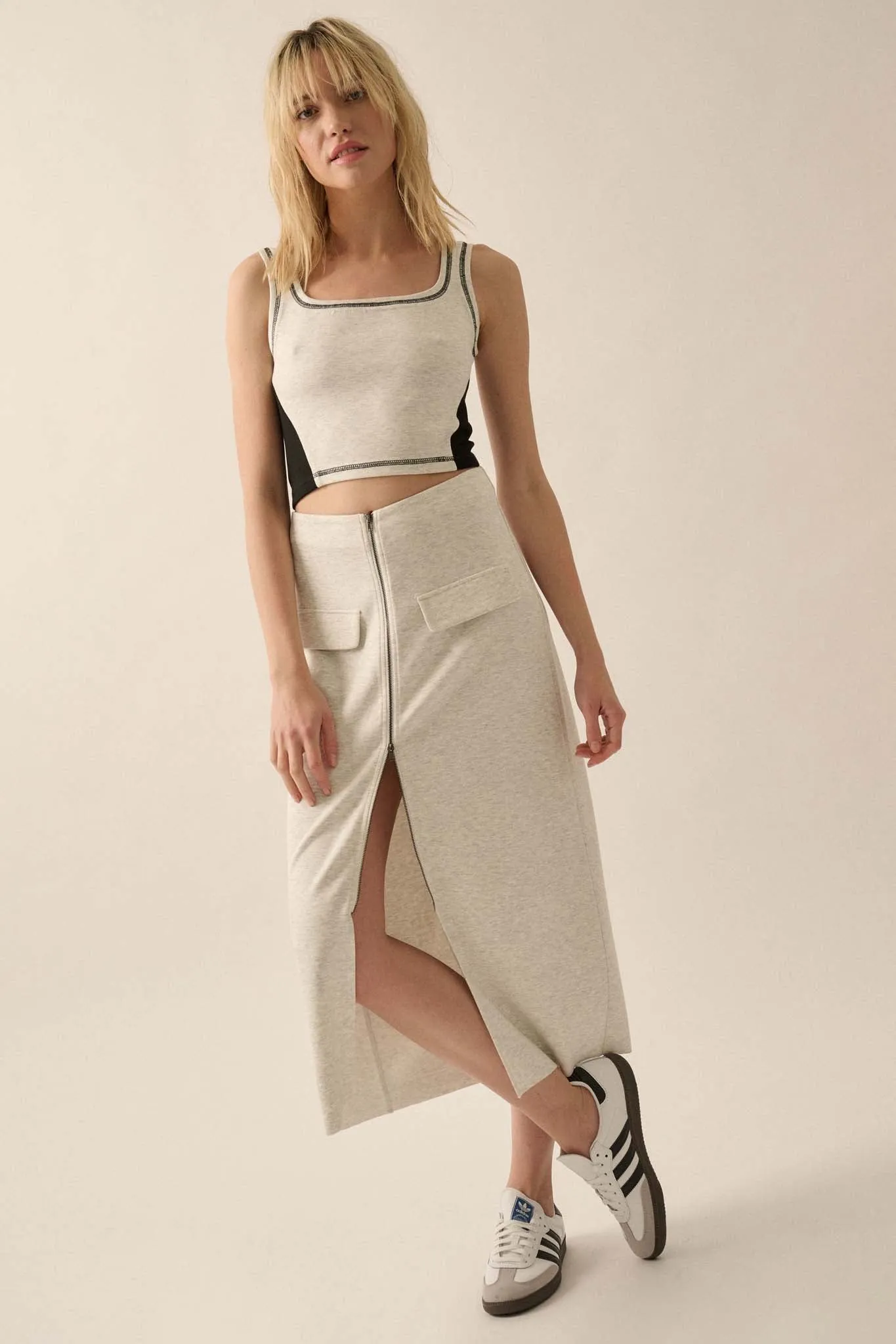 Premium Scuba Zip-Front Midi Skirt