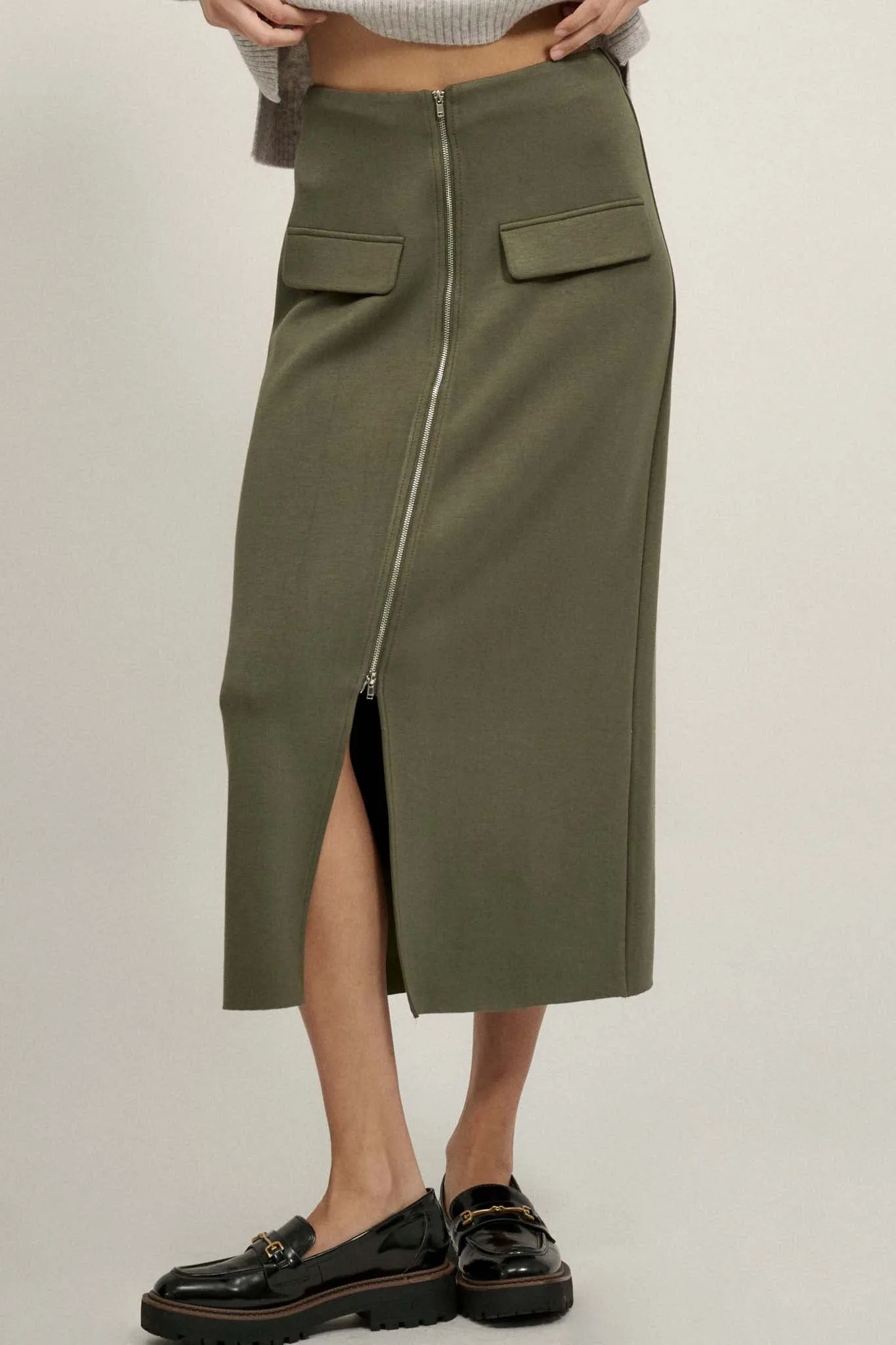 Premium Scuba Zip-Front Midi Skirt